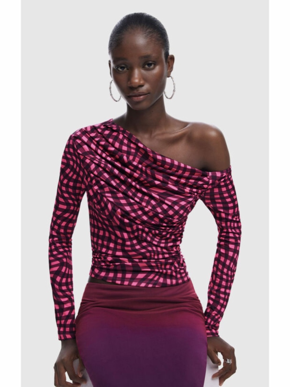 Desigual Pink One Shoulder Blouse Size M Red Gingham Long Sleeve Ruched Casual